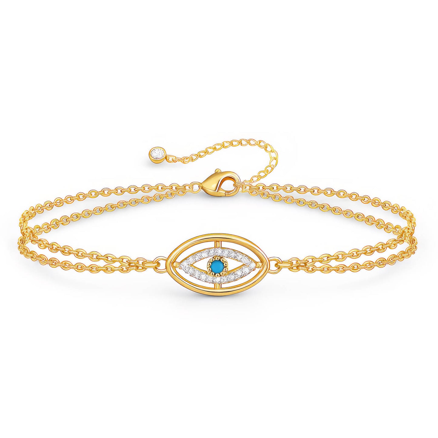 Gold bracelet with a blue evil eye stone.