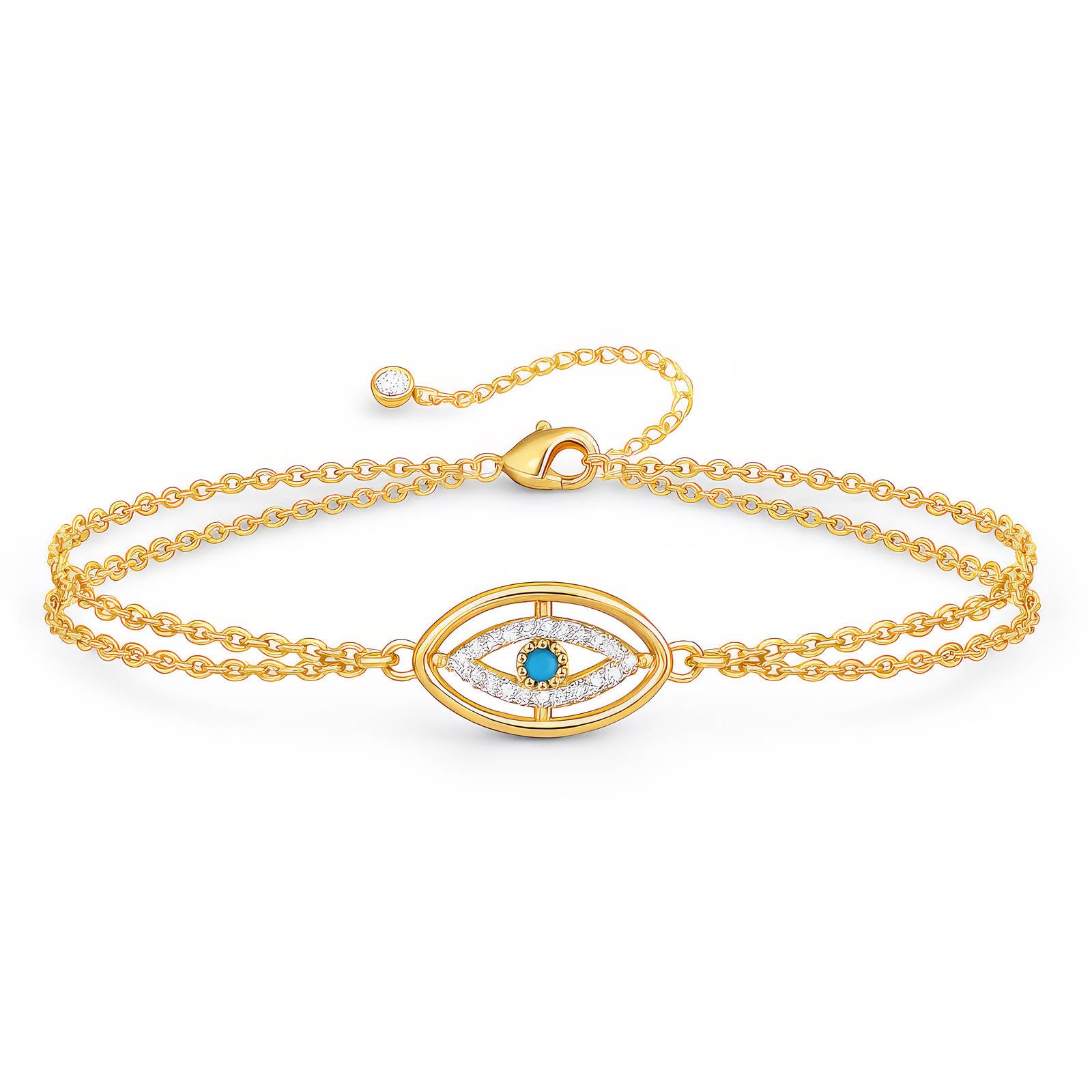 Gold bracelet with a blue evil eye stone.