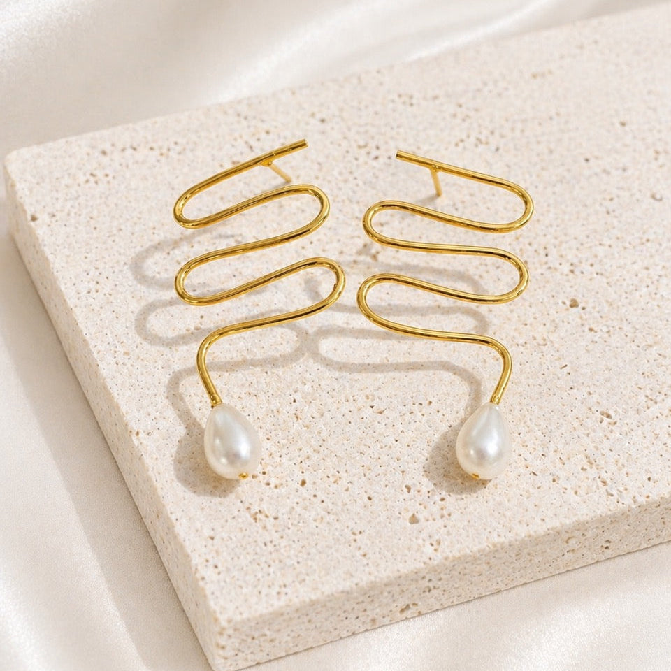 Brass Gold Zig Zag earrings with a pearl drop