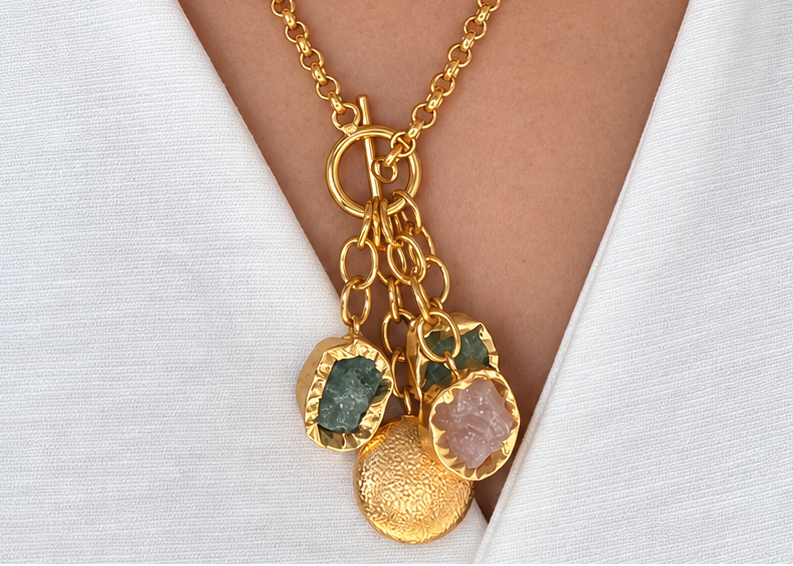 Latkan Stone Necklace worn with an open-neck white shirt