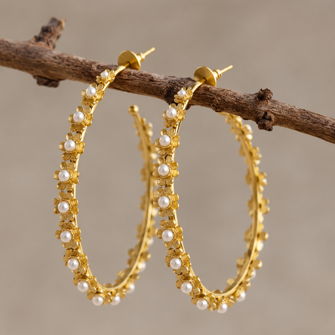 Pair of Phool Hoop earrings with gold flowers and white pearl centres hanging from a brown twig