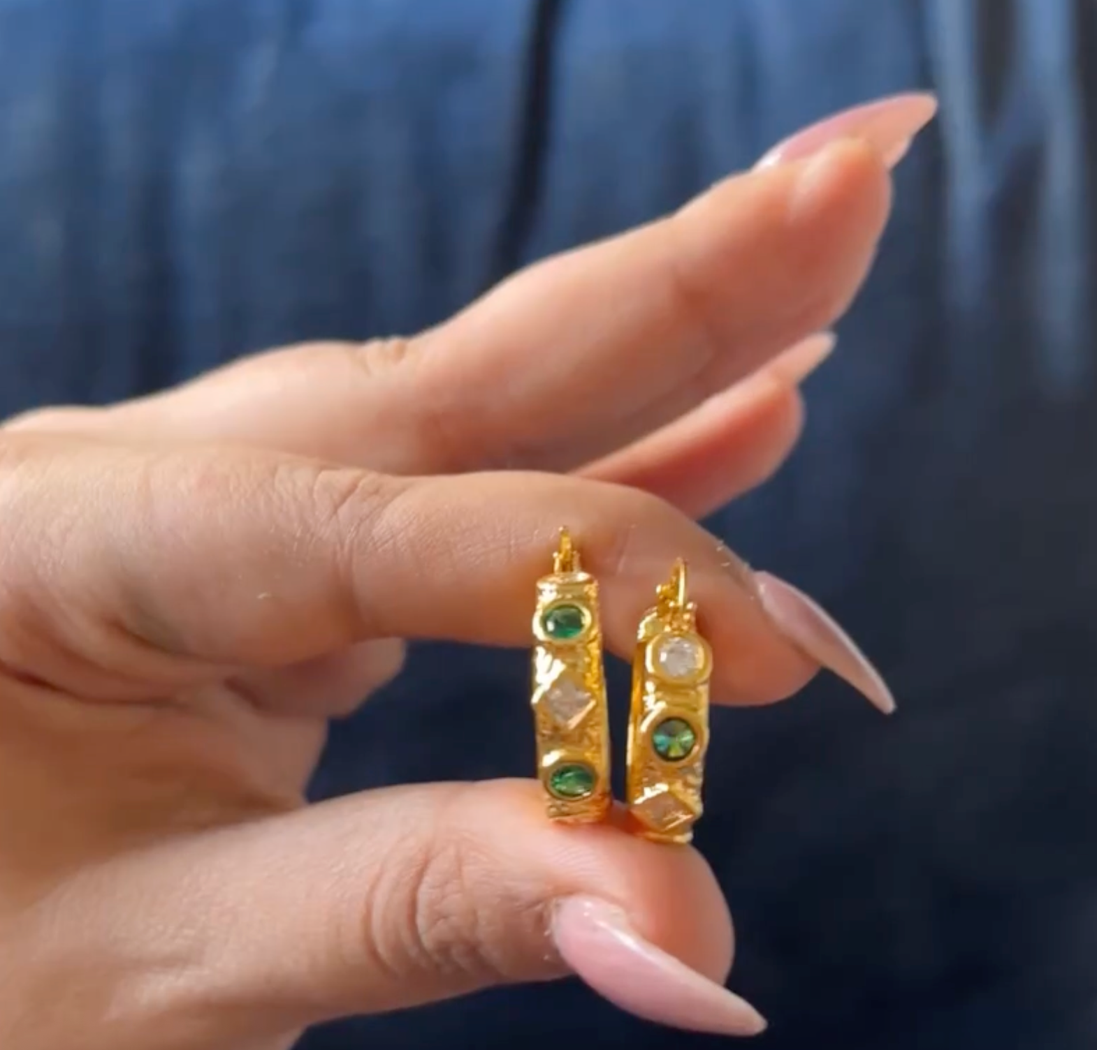 green and white stone gold hoop earrings 